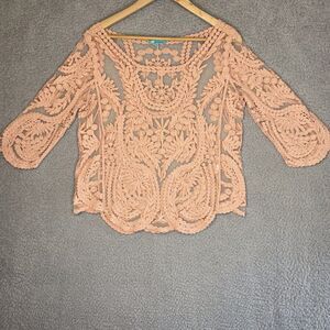 MY EMBLEM ME Pullover Lg Shirt Pink COTTON EMBROIDERED TULLE Lace Sheer Top Boho